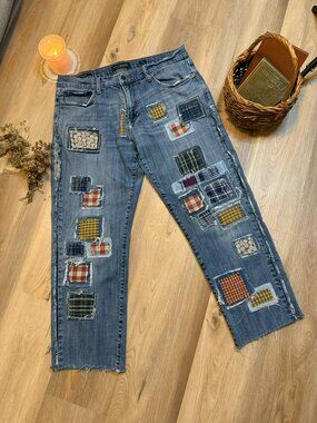 Upcycled Patchwork Jeans, Cottagecore Denim, Visible Mending Pants, Distressed
